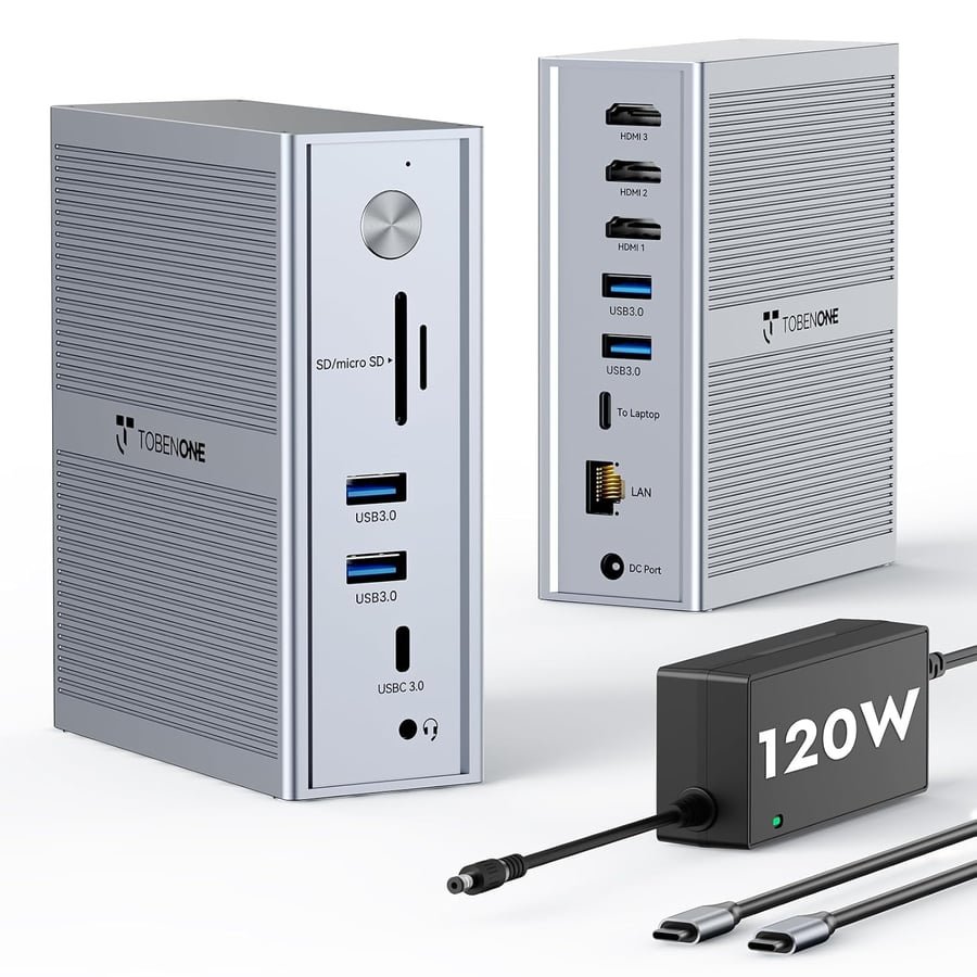 TobenONE USB C Laptop Docking Station 3 Monitors, Triple 4K DisplayLink Dock with 120W Power Adapter, for MacBook M1-M5/Mac mini/Windows, 3X HDMI, 5X USB, Gigabit Ethernet, Driver Required