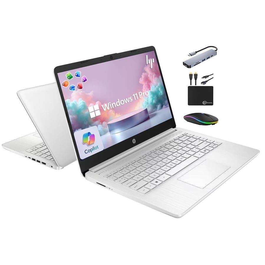 HP 14" Laptop 2025 Business Student Slim Computer, Lifetime MS Office, Copilot AI, Quad-Core Intel CPU, 16GB RAM, 628GB Storage (128GB UFS+500GB Ext), MarxsolAccessory, Wi-Fi 6, Win 11 Pro, Silver