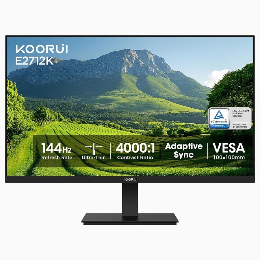KOORUI 27 Inch Gaming Office Monitor 144Hz VA Display 4000:1 Contrast Ratio, FreeSync FHD 1080P, Eye Care TÜV Rheinland Certified, Slim Bezels, HDMI VGA Ports, Ergonomic Tilt, VESA Mount, Black