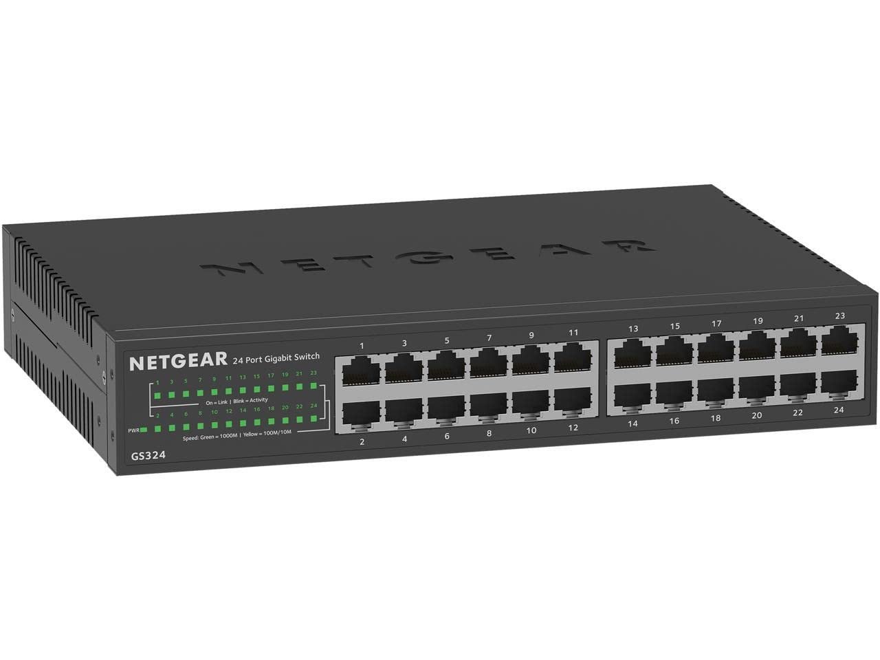 NETGEAR 24-Port Gigabit Ethernet Unmanaged Essentials Switch (GS324) - Desktop, Wall, or Rackmount, Silent Operation