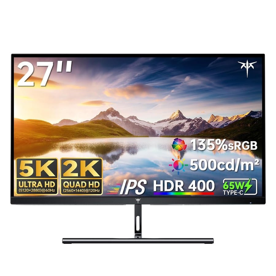 KTC 5K Monitor 27 Inch: Dual Mode 5K (5120x2880) @60Hz / 2K@160Hz Computer Monitor, 99% DCI-P3, 100% sRGB, ΔE<2, Type-C 65W, HDMI & DP, HDR400, Compatible with Mac mini, H27P3