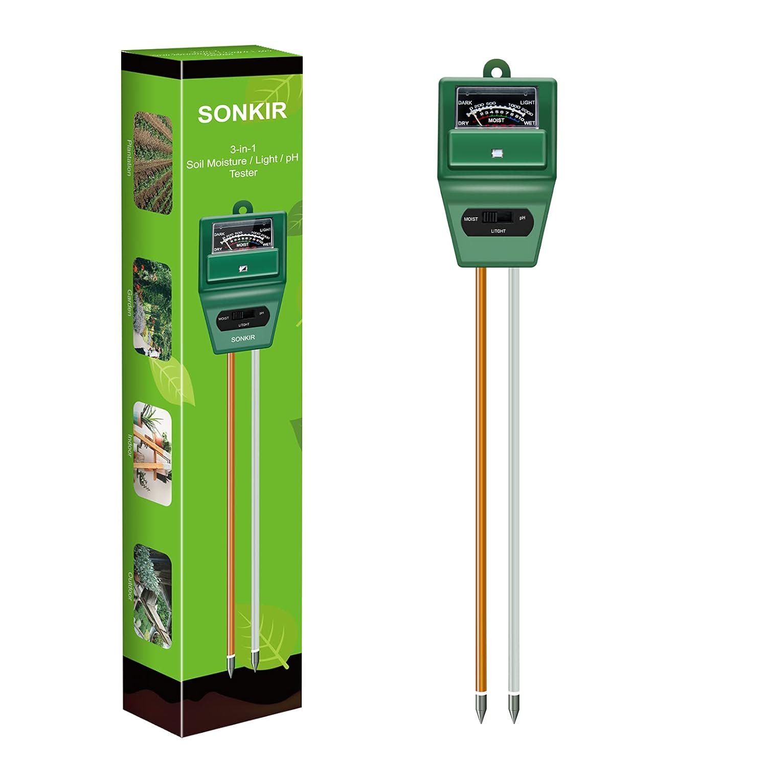 SONKIR Soil pH Meter, MS02 3-in-1 Soil Moisture/Light/pH Tester Gardening Tool Kits for Plant Care, Great for Garden, Lawn, Farm, Indoor & Outdoor Use (Green)
