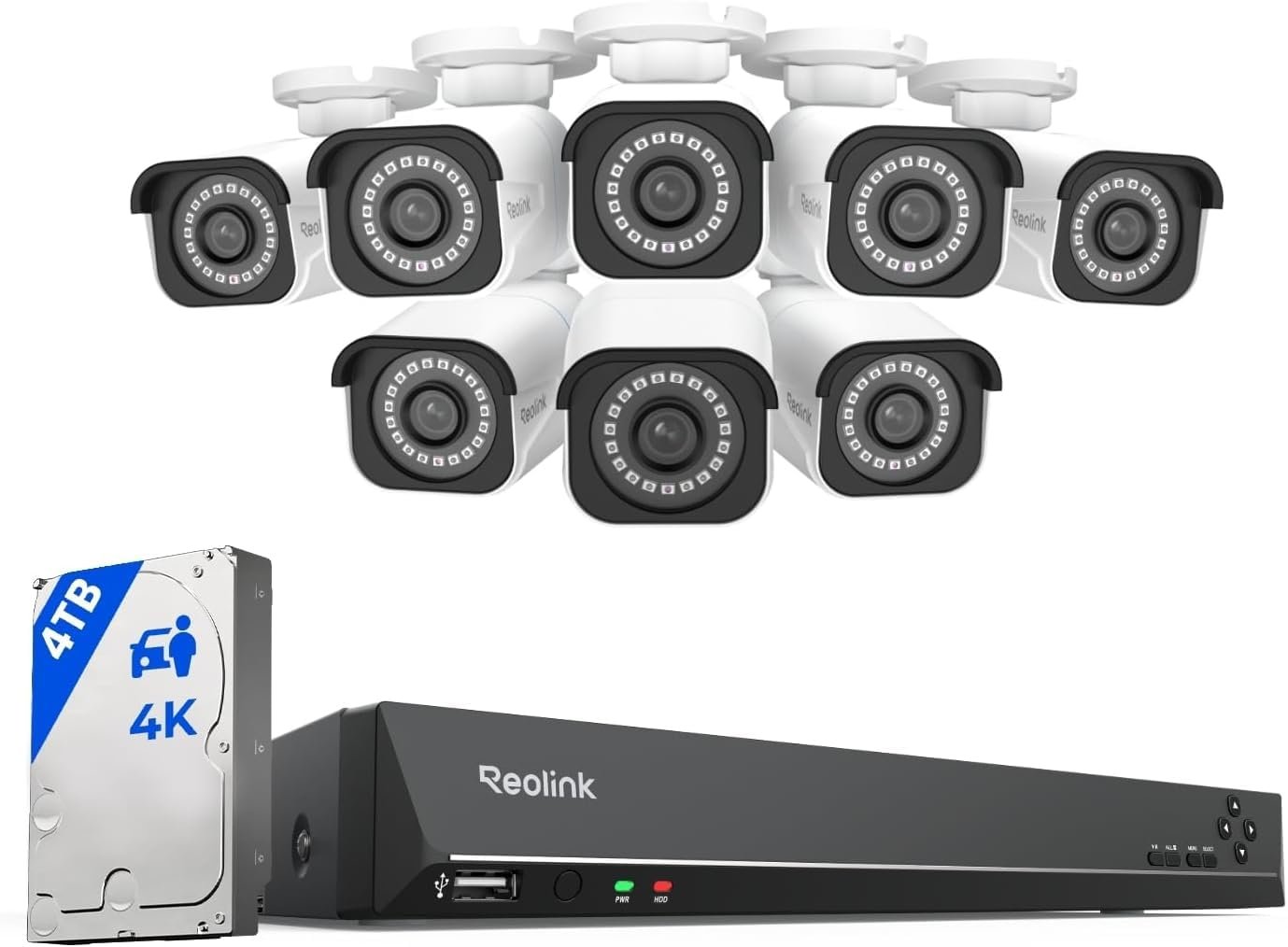 REOLINK 16CH 4K Security Bullet Camera System with 4TB HDD RLK16-800B8 | 8pcs H.265 PoE IP Cameras Wired with Person Vehicle Detection, 8MP/4K 16CH NVR with 4TB HDD for 24-7 Recording