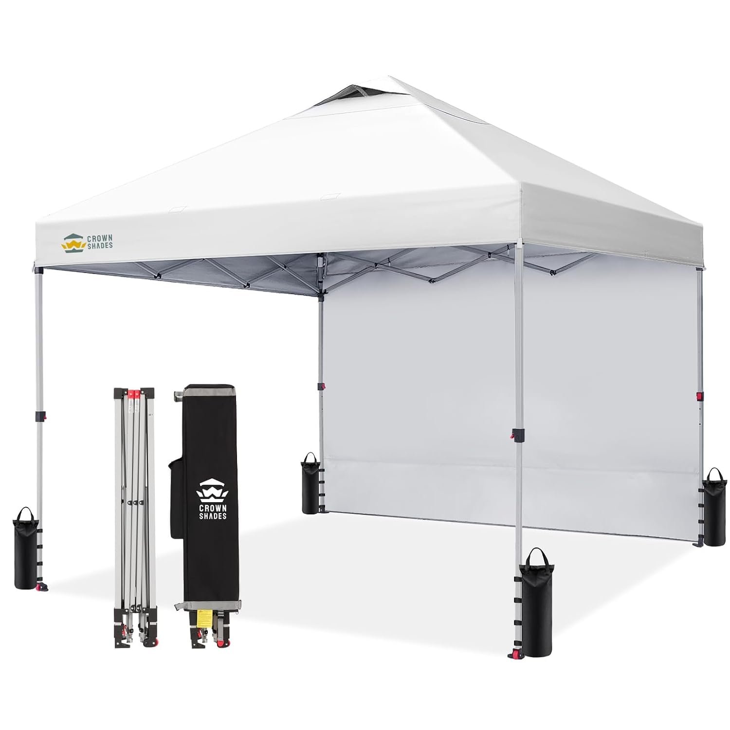 CROWN SHADES 10x10 Pop Up Canopy with 1 Side Wall - Beach Tent with One Push Setup - Outdoor Sun Shade for Events, Parties, Camping - Gazebo with STO-N-Go Cover Bag (White) Global Recycled Standard Global Recycled Standard Global Recycled Standard