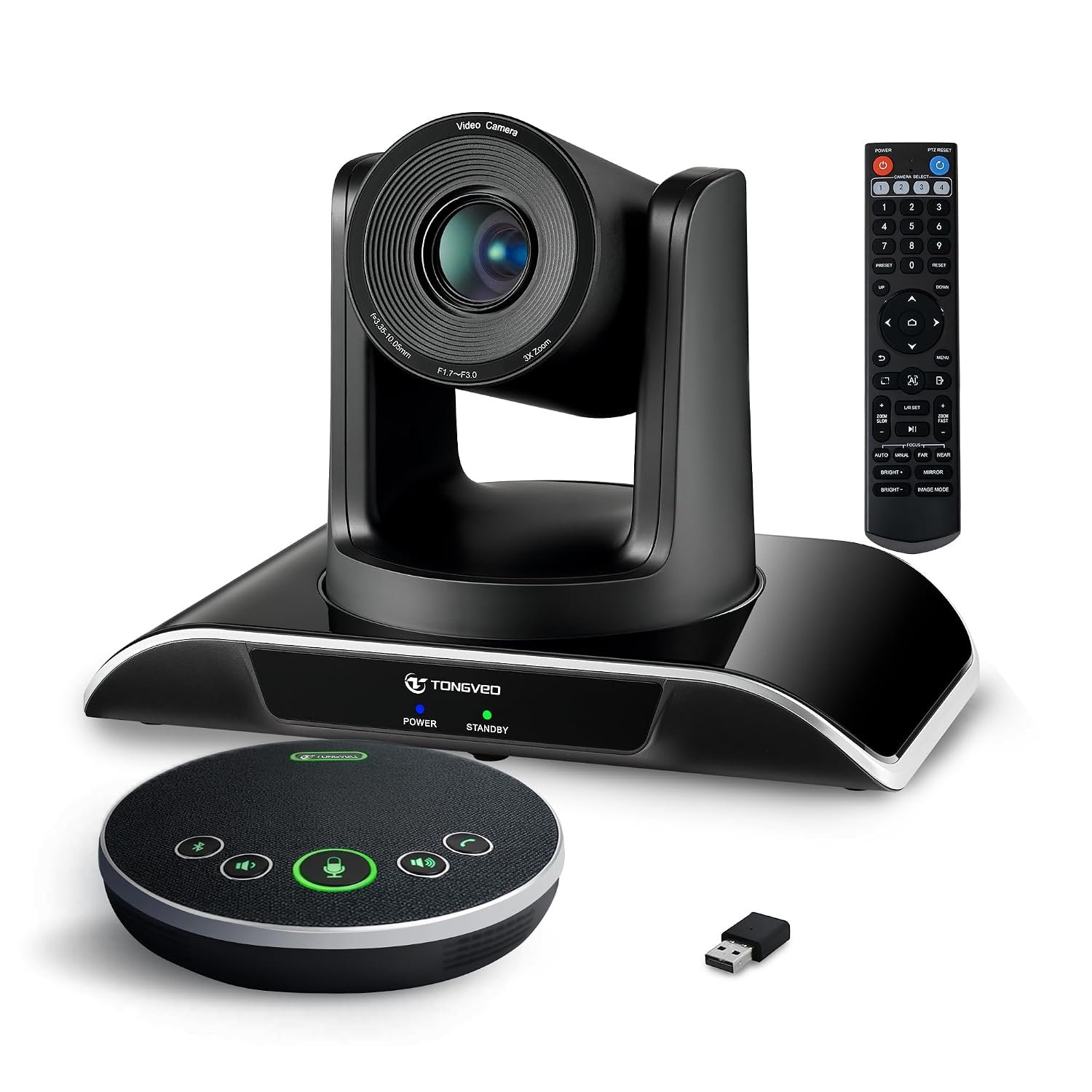 TONGVEO All-in-One Conference Room Video Camera System Al Auto-Tracking HD1080P 60fps 3X Optical Zoom USB3.0 HDMI PTZ Camera and Bluetooth Conference Speakerphone with Microphones Global Recycled Standard Global Recycled Standard Global Recycled Standard