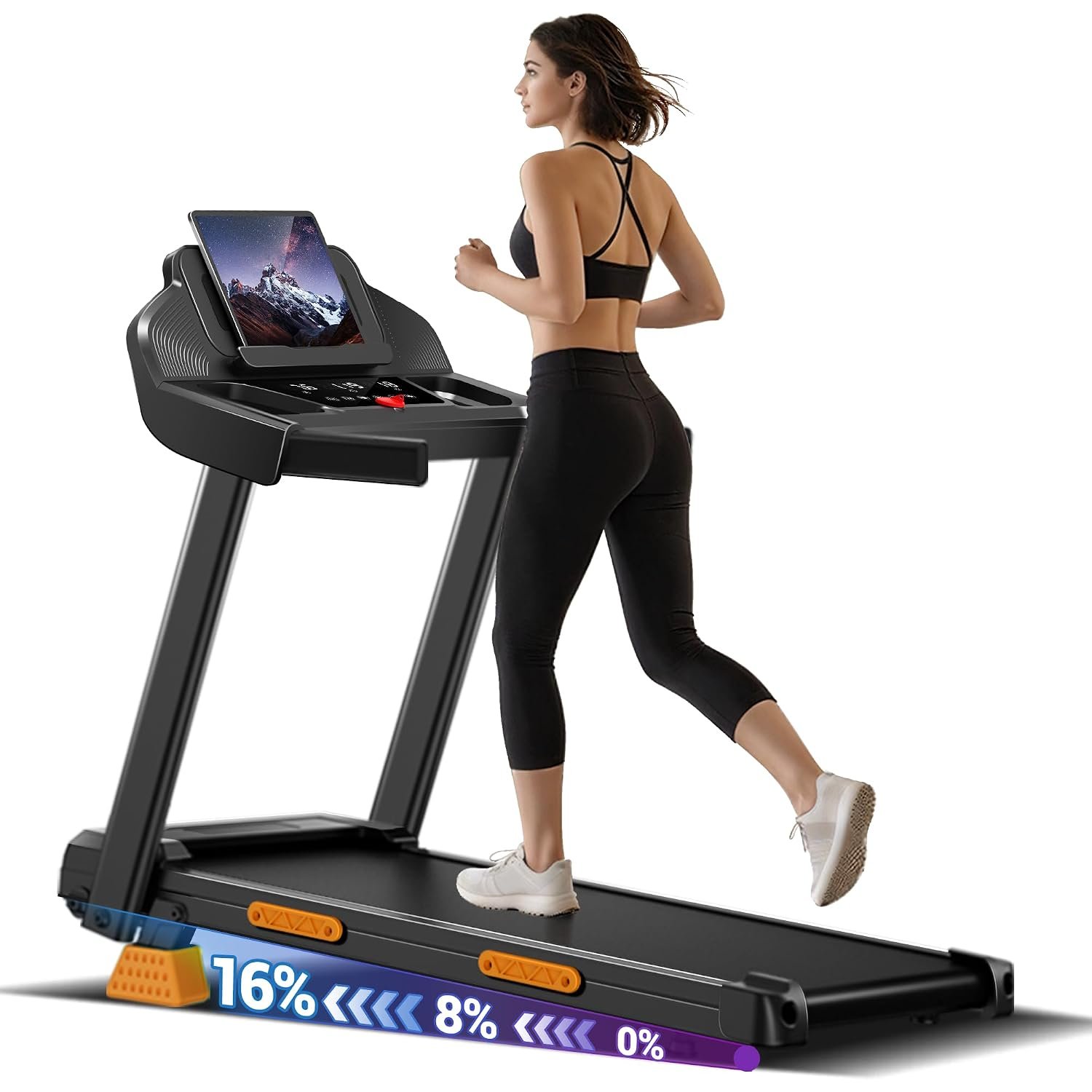 CURSOR FITNESS 16% Incline Treadmills for Home Small with 3 LED Displays, 3.0HP Foldable Walking Pad Treadmill Up to 400LBS Capacity, Portable Treadmill 0.6-7.0MPH