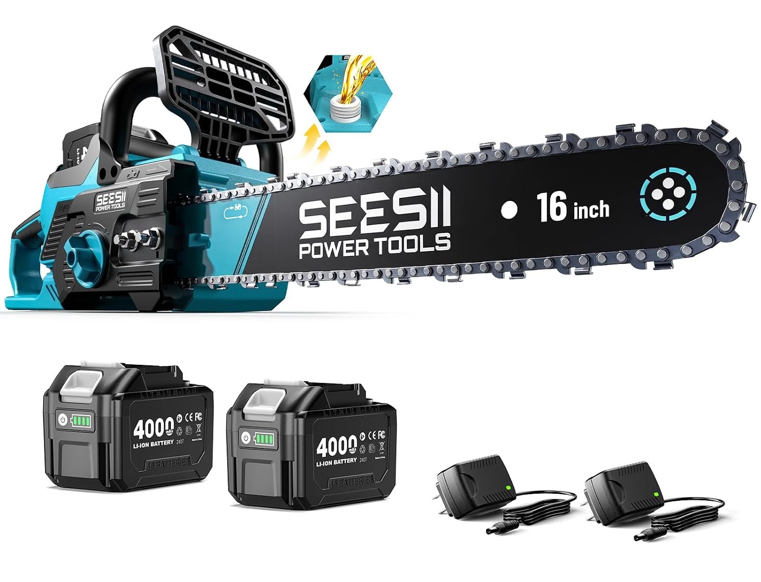 SEESII 40V 16-Inch Cordless Chainsaw: Brushless Electric Chain Saws with 2×4.0Ah Batteries & Charger, Tool-Free Chain Tension, Auto Oiling, for Tree Trimming, Wood Cutting, Yard Work