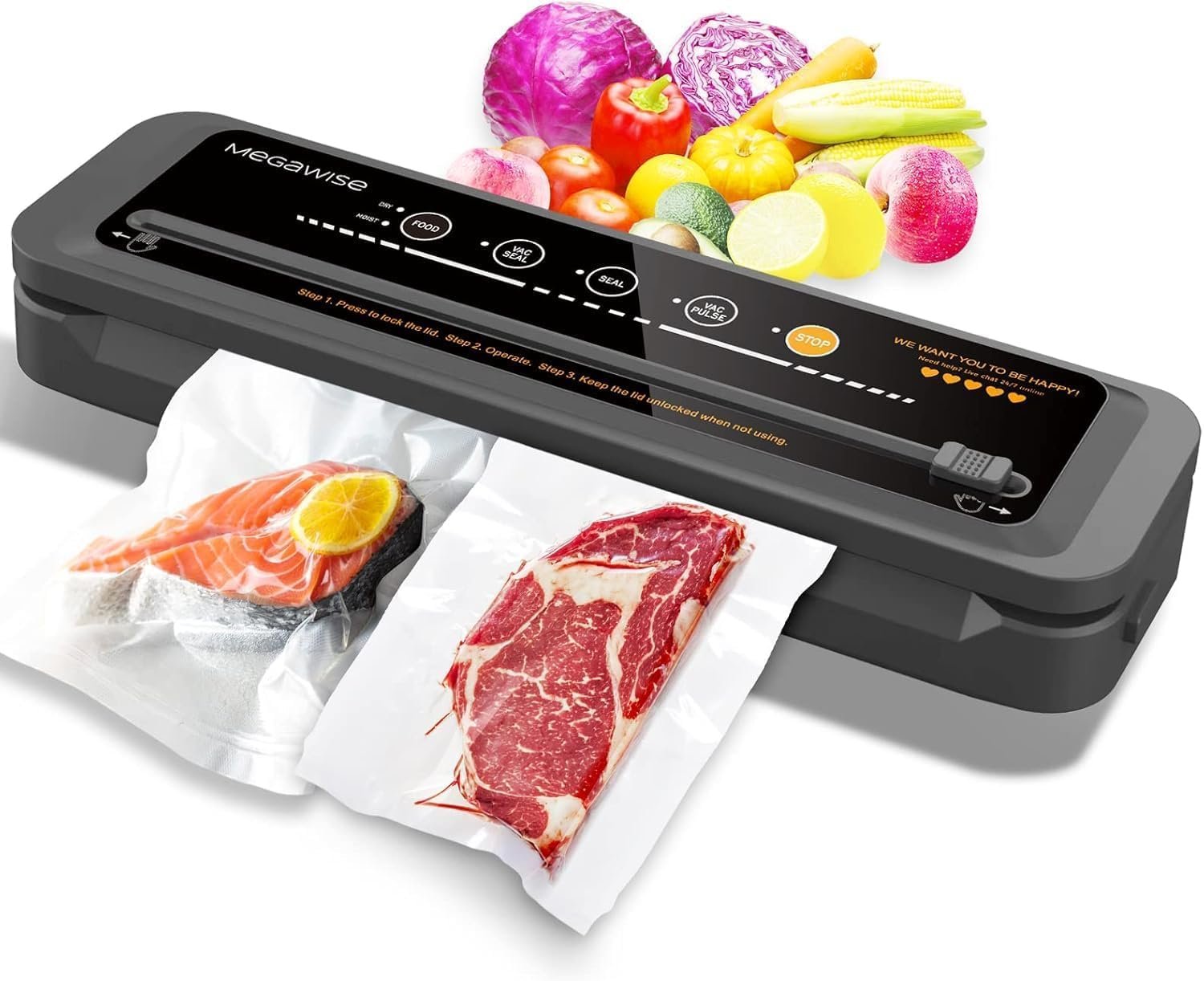 MegaWise Vacuum Sealer Machine | 80kPa Suction Power| Bags and Cutter Included | Compact One-Touch Automatic Food Sealer with External Vacuum System | Dry Moist Fresh Modes for All Saving needs Global Recycled Standard Global Recycled Standard Global Recycled Standard