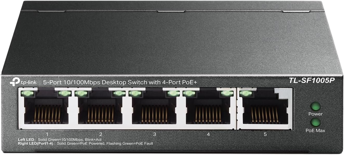 TP-Link TL-SF1005P | 5 Fast Ethernet PoE Switch | 4 PoE+ 10/100 Mbps Ports @67W | Desktop | Plug & Play | Sturdy Metal w/ Shielded Ports | Fanless | Extend & Priority Mode