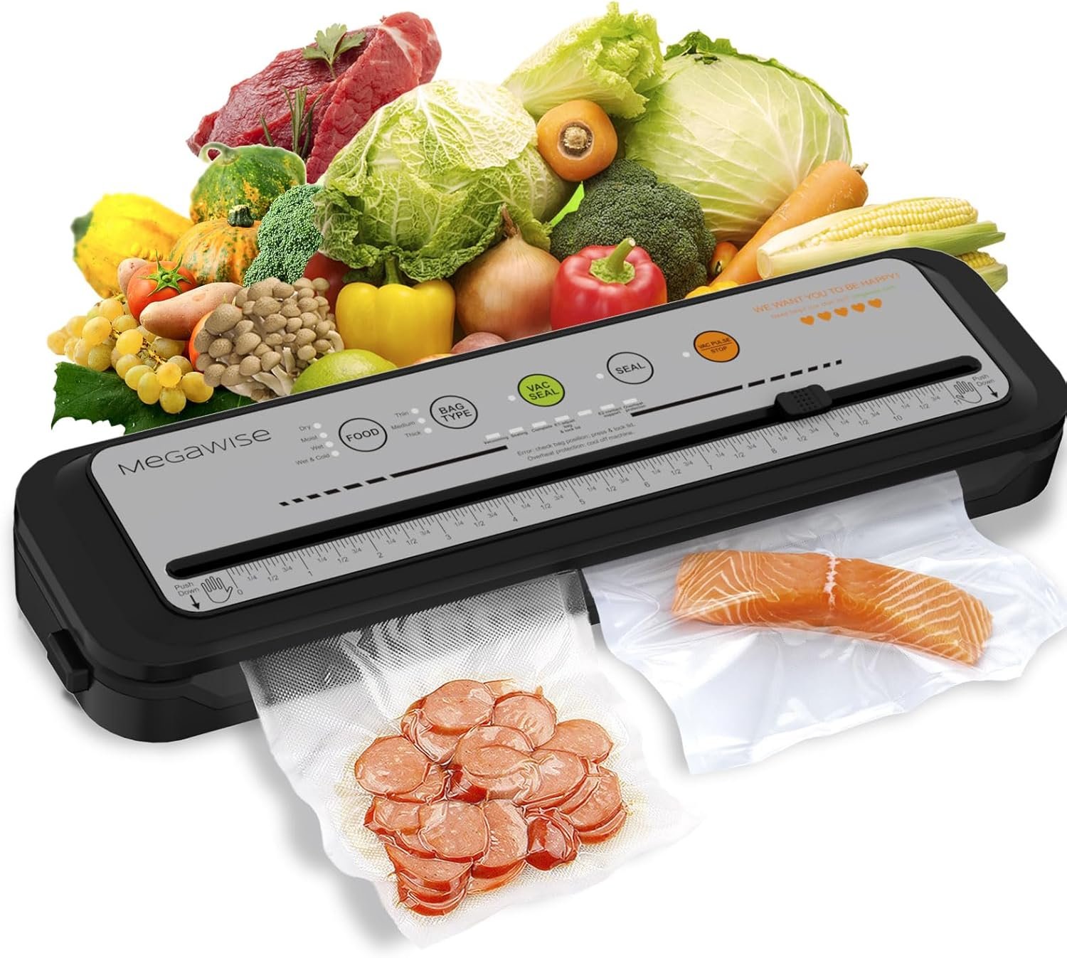 Updated Vacuum Sealer Machine 2025, MEGAWISE Food Sealer w/Starter Kit, Dry & Moist Food Modes, Compact Design with 10 Vacuum Bags & Built-in Cutter (Grey) Global Recycled Standard Global Recycled Standard Global Recycled Standard