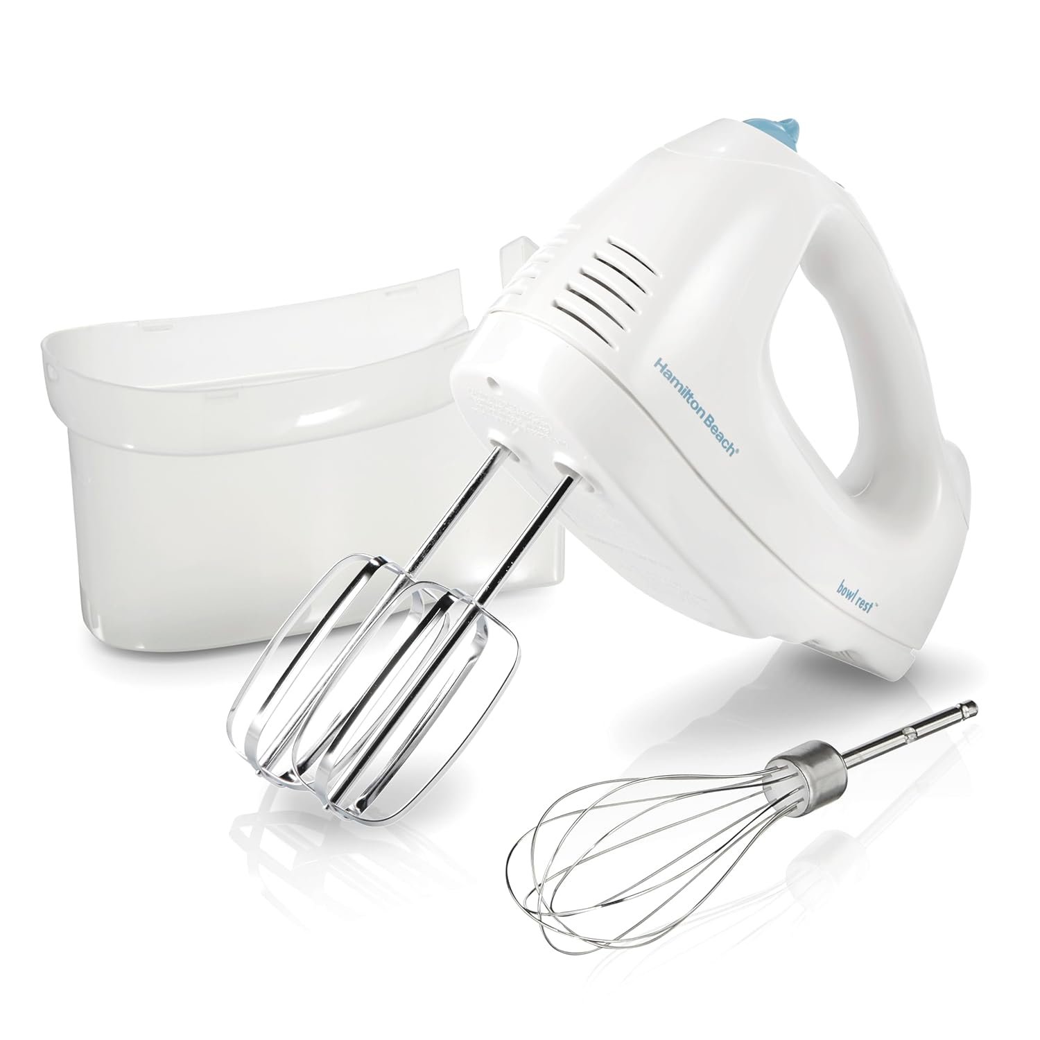 Hamilton Beach 6-Speed Electric Hand Mixer With QuickBurst and Bowl Rest | Powerful 250 Watt Motor | Traditional Beaters | Snap-On Storage Case | White | 62682G