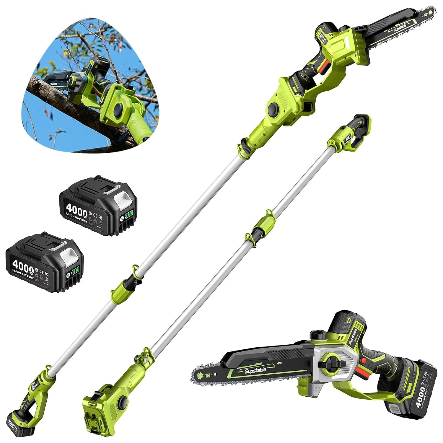 10 Inch Electric Pole Saws for Tree Trimming, 1000W Brushless Pole Saw and Mini Chainsaw 2 in 1, 2*4000mAh Battery, Lightweight Tree Saw with Extension Pole, 16Ft Max Reach Tree Trimmer Branch Cutter