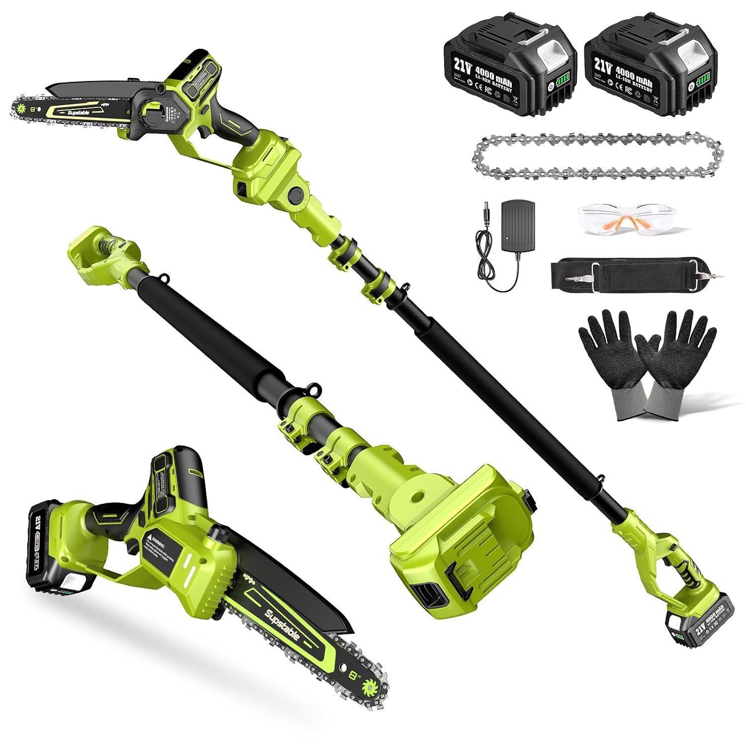 Electric Pole Saws for Tree Trimming, 8 Inch & 6 Inch Mini Chainsaw Cordless with Extension Pole, 16Ft Reach, 2x4.0Ah Battery, Auto Oiling, Tool-Free Chain Tensioning, Tree Trimmer for Branch Limb Cut