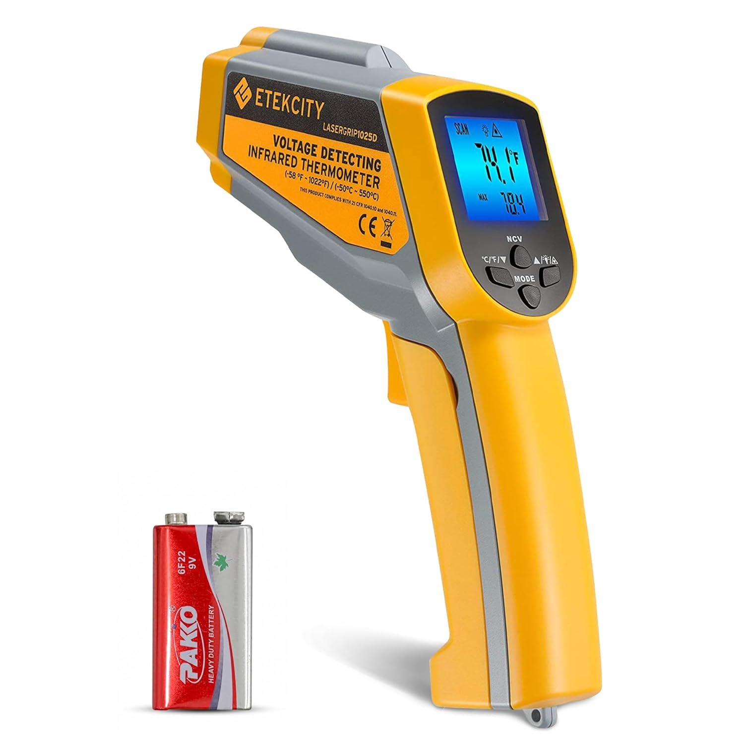 Etekcity Infrared Thermometer 1025D (Not for Human) Dual Laser Temperature Gun-58℉~1022℉ (-50℃~550℃) with Adjustable Emissivity, Non-Contact Voltage Tester (NCV), Standard Size, Yellow & Gray | Pizza Oven, Griddle, BBQ, Meat, HVAC, Engine, Electricians, Non-Contact Voltage Detection, Adjustable Emissivity