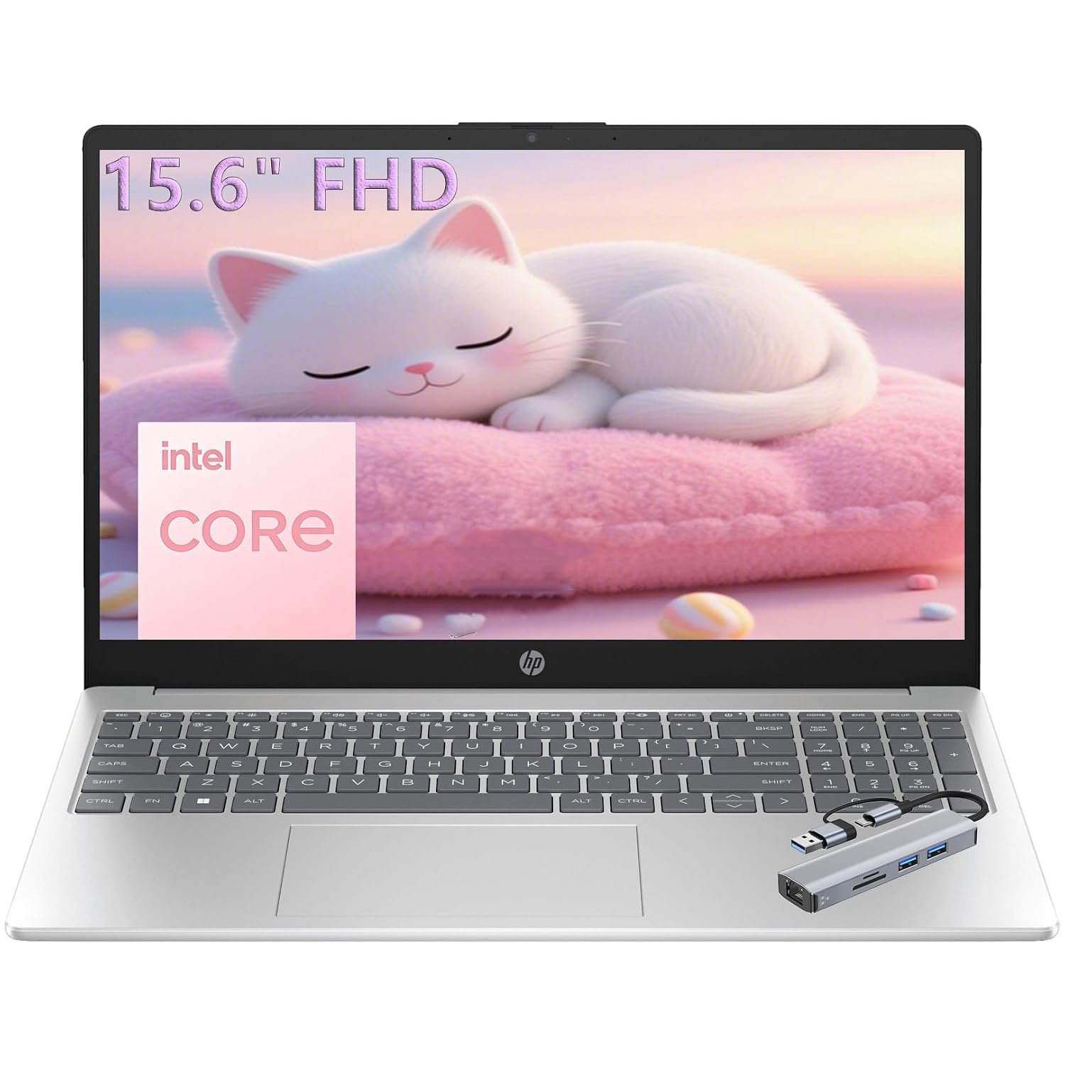 HP 15.6" FHD Laptop 2026 Edition with Copilot AI, 8GB RAM, 256GB SSD, Intel Processor, Long Battery Life, Lightweight 3.64 lbs, Microsoft 365, Windows 11 for Students & Office, with 5 in 1 hub