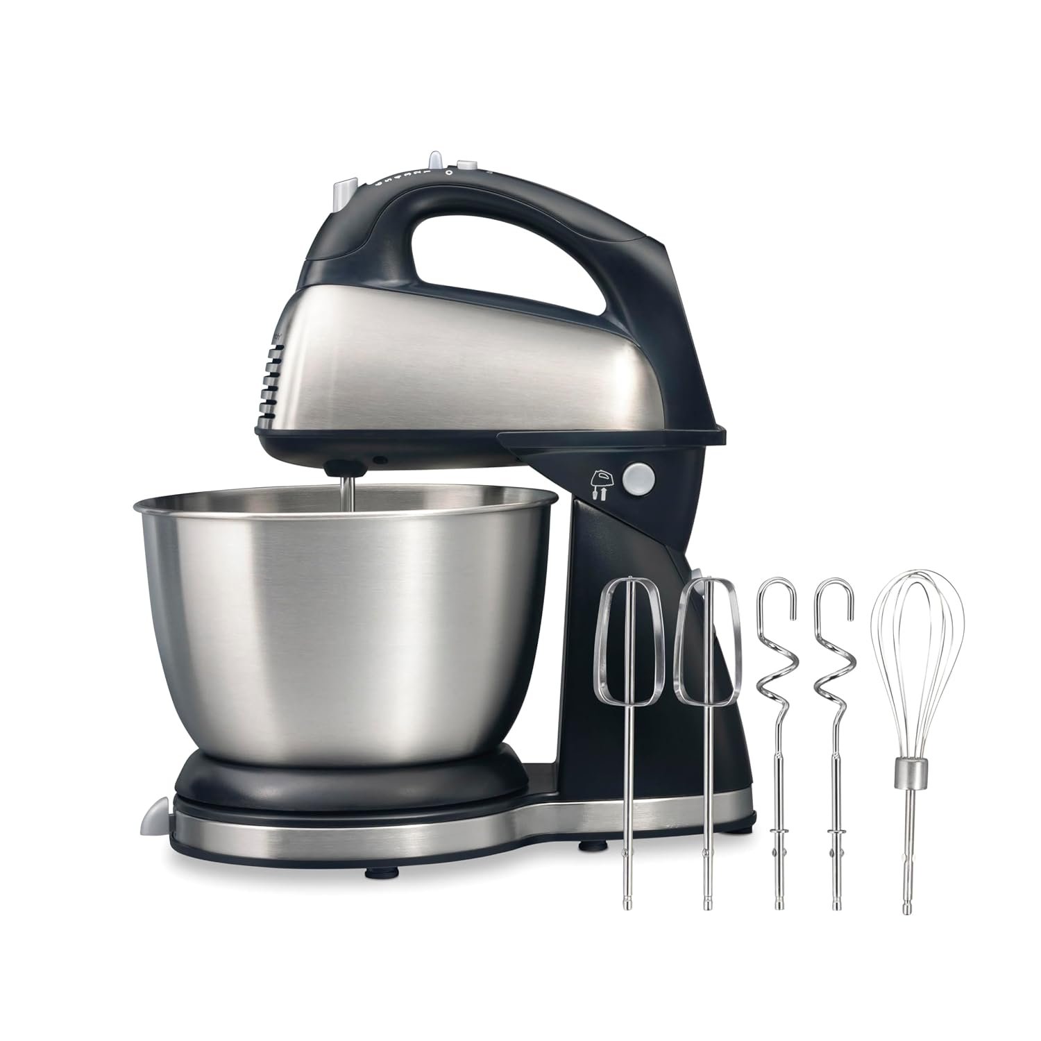 Hamilton Beach Classic Stand and Hand Mixer, 4 Quarts, 6 Speeds with QuickBurst, Bowl Rest, 290 Watts Peak Power, Black and Stainless | 2-in-1 Versatility | QuickBurst For Added Power | 290 Watts Peak Power | Built-In Bowl Rest | Black and Stainless Steel