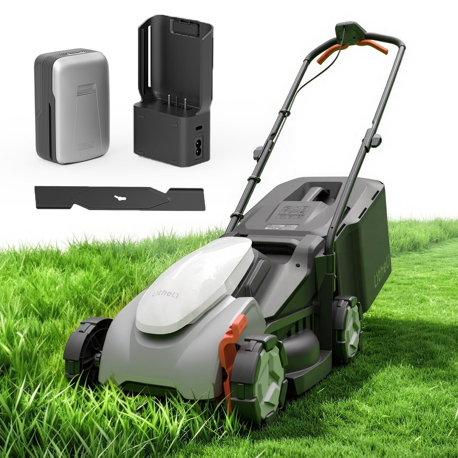 Litheli 14 Inch Cordless Lawn Mower, Lightweight Push Mower with 5.0Ah Battery and Smart Charger, Brushless Motor Lawnmower, 5-Position Height Adjustment (1-2.5 in) for up to 3000 Sq. Ft