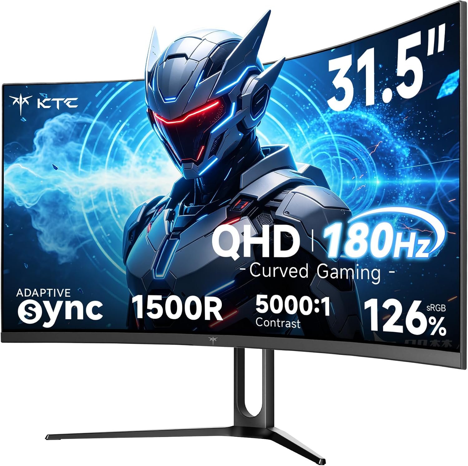 KTC 32 Inch Curved Gaming Monitor, QHD 2560x1440 180Hz Curve Monitors 1500R, Up to 185Hz, 1MS w/Adaptive Sync, 5000:1, HDMI Displayport, Tiltable, Eye Care, Vesa Mount H32S5