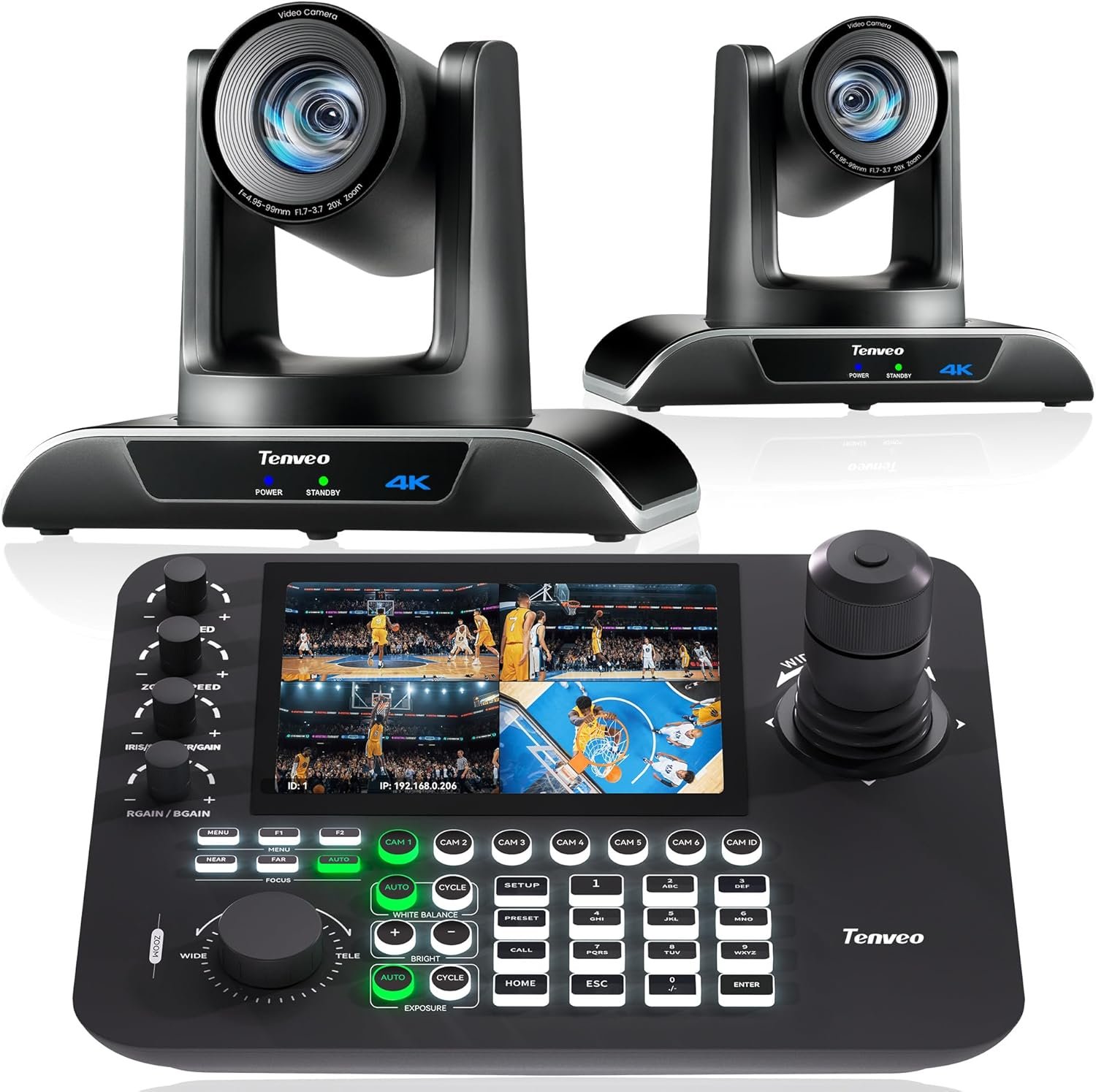 Tenveo 4K NDI PTZ Camera AI Humanoid & Face Auto-Tracking HDMI/USB3.0/LAN(PoE) 20X Optical Zoom(*2) and 7’’ LCD Quad-Screen NDI PTZ Joystick Controller Bundle/Kit for Church Services Live Production Global Recycled Standard Global Recycled Standard Global Recycled Standard