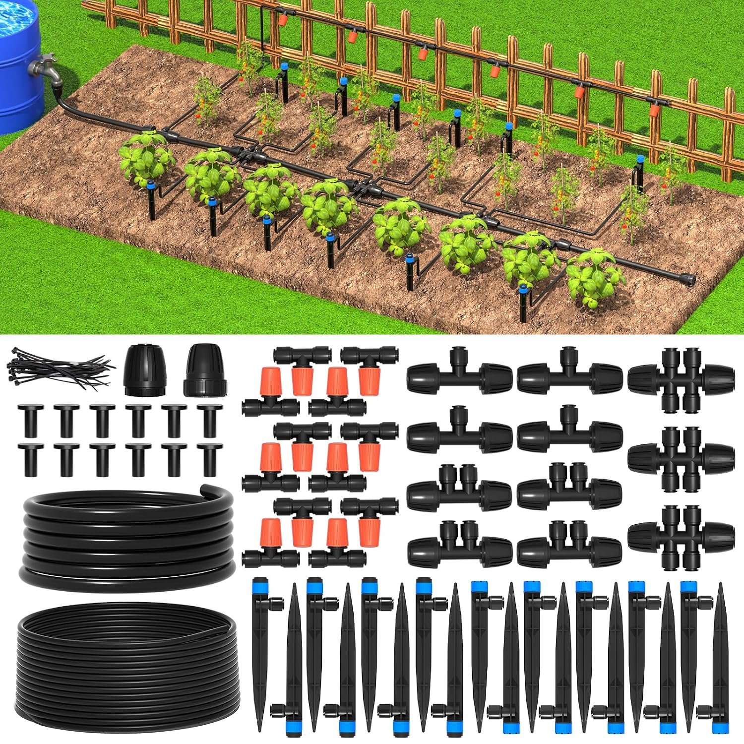 MIXC Greenhouse Micro Drip Irrigation Kit Automatic Irrigation System Patio Misting Plant Watering System with 1/4 inch 1/2 inch Irrigation Tubing Hose Adjustable Nozzle Emitters Barbed Fittings Global Recycled Standard Global Recycled Standard Global Recycled Standard