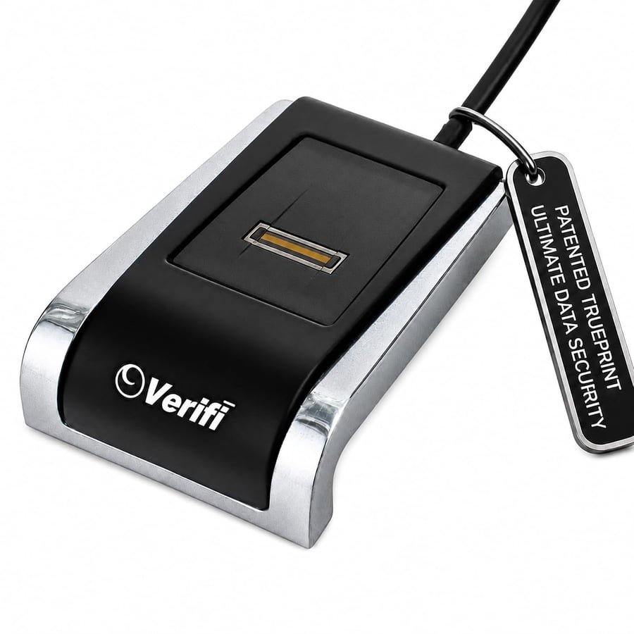 Verifi P2000 Desktop USB Fingerprint Reader, PASSKEY, Windows Hello-Compatible Fingerprint Reader, Aluminum Finish, Black/Silver