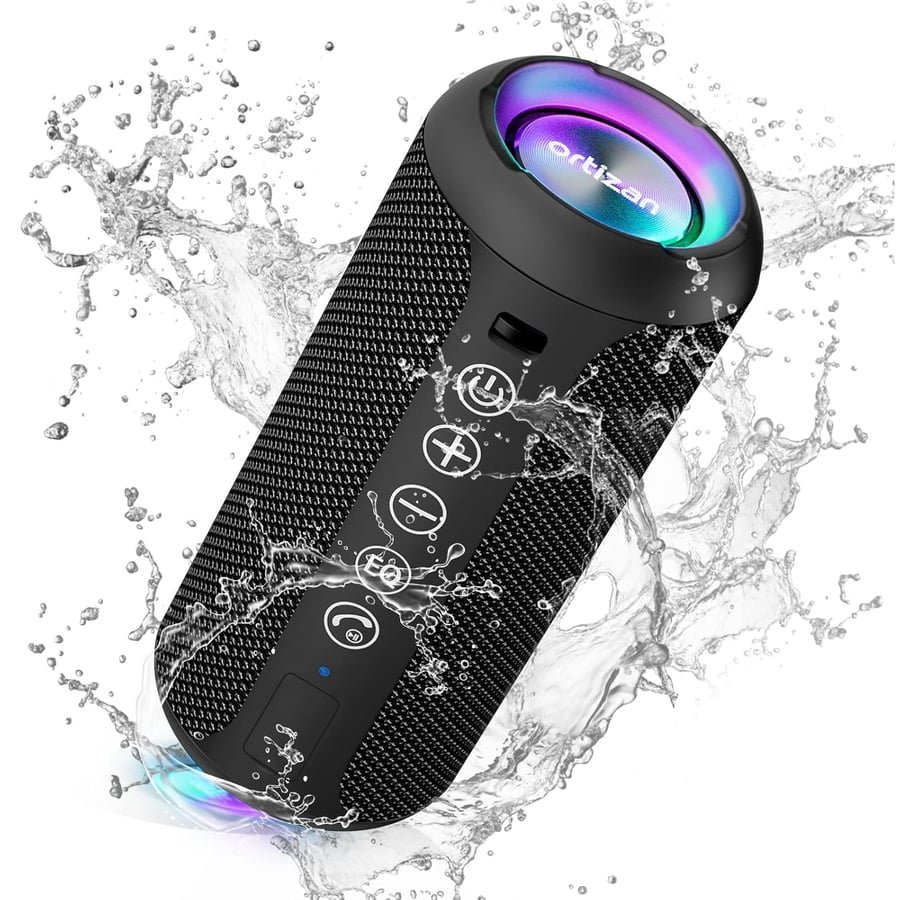 Ortizan Portable Bluetooth Speaker (1st Gen), IPX7 Waterproof, Wireless, Big Sound and Deep Bass, TWS Pairing, 30Hrs of Playtime, for Home/Party/Outdoor/Beach, Birthday Gifts for Men Women - Black Global Recycled Standard Global Recycled Standard ClimeCo Certified Global Recycled Standard