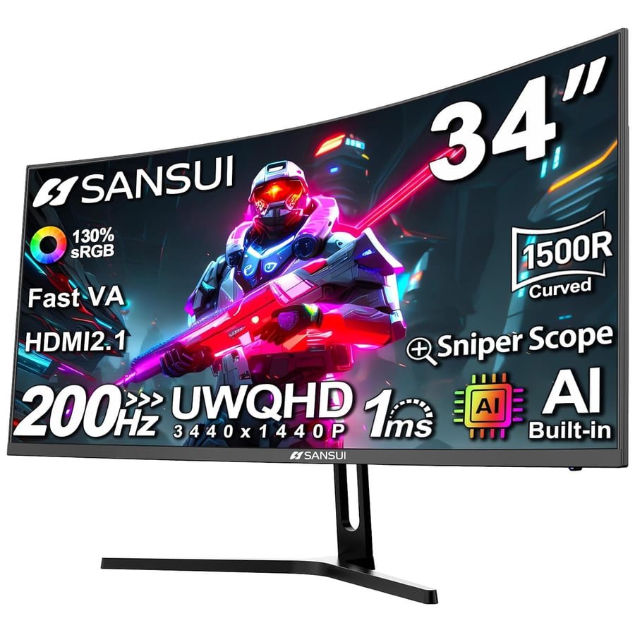 SANSUI 34-Inch Curved Gaming Monitor UWQHD 3440 x 1440P Up to 200Hz Curved 1500R - PIP/PBP, OD 1ms, HDR, 300nits, sRGB 130%, DCI-P3 97%,AI Crosshair,HDMI2.1x2,DP1.4(Cable Included)