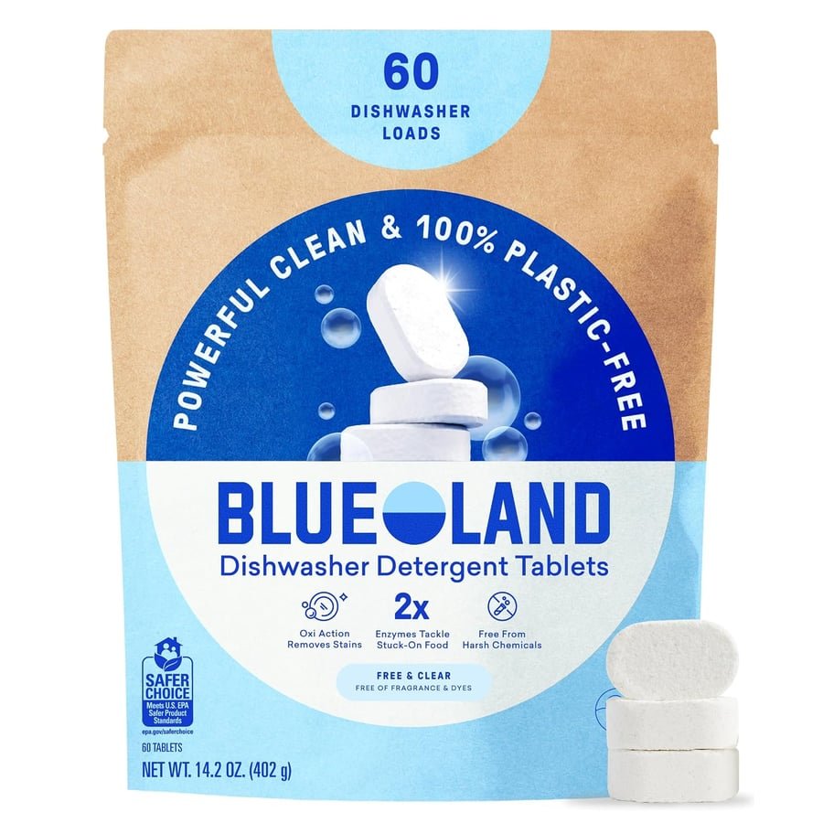 BLUELAND 100% Plastic-Free Dishwasher Detergent Tablets, 60 Count, Free & Clear, Eco-Friendly Dishwashing Pods, Cuts Grease & Stuck on Food, Rinses Clean for Streak-Free Shine U.S. EPA Safer Choice EWG Verified