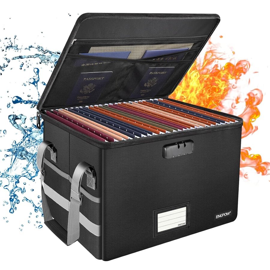 ENGPOW File Box with Lock,Fireproof Document Box with Zipper&Pockets,Collapsible File Organizer Filing Storage Cabinet with Handle,Portable Home Office Safe for Hanging Letter/Legal Folder,Black Global Recycled Standard Global Recycled Standard Global Recycled Standard