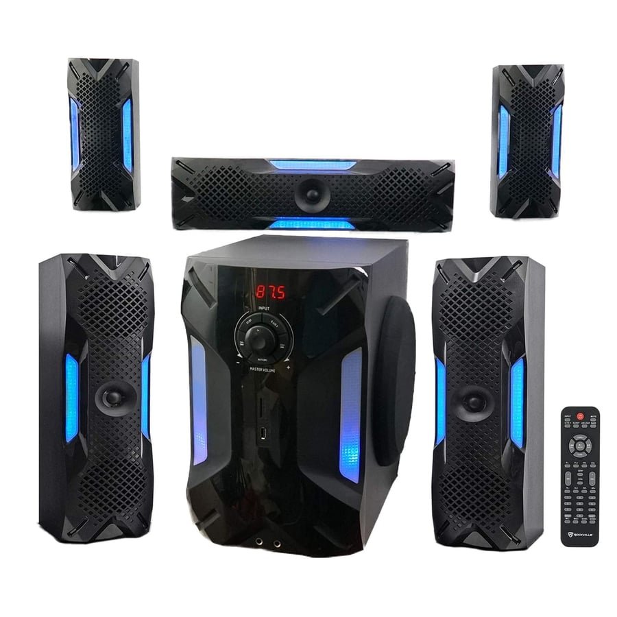 Rockville HTS56 1000W 5.1 Channel Home Theater System, Bluetooth, USB, 8" Subwoofer, LED Light Effects, Remote Control, Optical Input, for Movies, Music & Karaoke | 1000W Peak/250W RMS, USB/SD Inputs, Optical TV Input, Karaoke Mic Inputs, LED Light Effects, 5-Band EQ