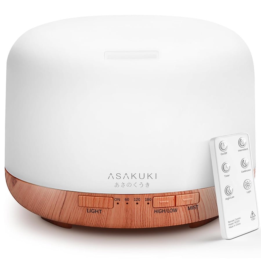 ASAKUKI Essential Oil Diffuser for Home, 500ML Aromatherapy Diffuser Humidifier with Remote Control, 7 Color LED Lights, Quiet Cool Mist Diffuser for Bedroom, Office (Yellow) Global Recycled Standard Global Recycled Standard Global Recycled Standard