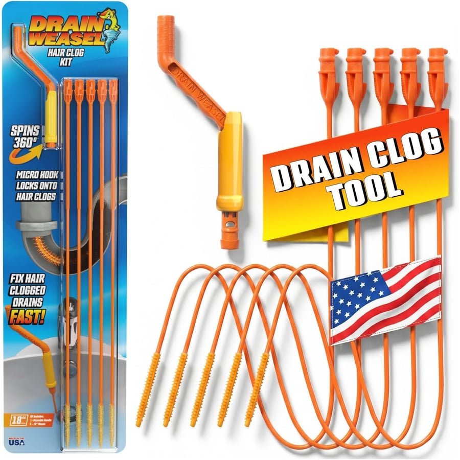 Flexisnake Drain Weasel Hair Clog Remover Kit – Plumbing Snake Auger for Cleaning Shower, Bath Tub, Bathroom Drains with Rotating Handle and 5 Disposable Wands, Made in USA | Pipe, Bathroom, Bathtub Cleaner, 18-inch Long Refills, Flexible, Removable Handle, Made in The USA