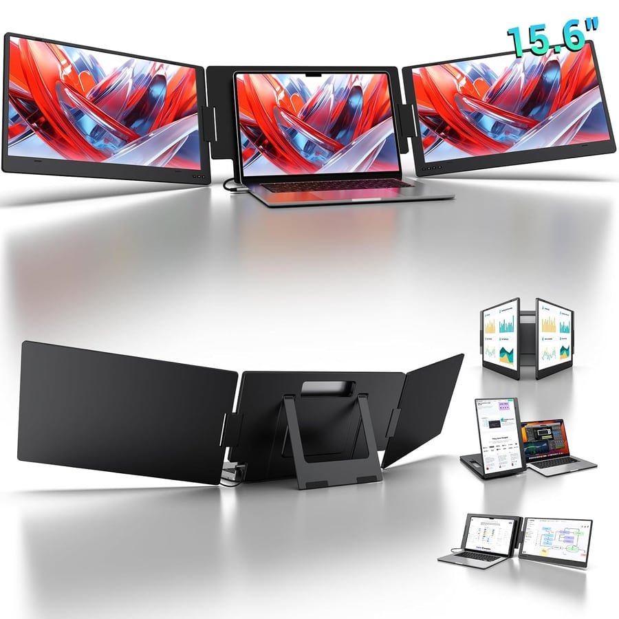 KYY 15.6" Laptop Screen Extender, 1080P FHD IPS Portable Monitor, One Cable USB-C Triple Monitor, Dual Travel Screen for 12"-17'' Laptops, 360° Rotation & Kickstand,X90D (Driver Need)
