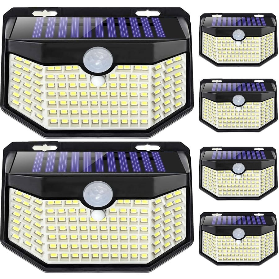 HMCITY 120 LED Outdoor Solar Lights with Motion Sensor and 3 Lighting Modes, IP65 Waterproof Wide Solar Wall Lights Ideal for Garden Patio Yard (Front Button 6Packs, Black Shell-Daylight White) Global Recycled Standard Global Recycled Standard Global Recycled Standard