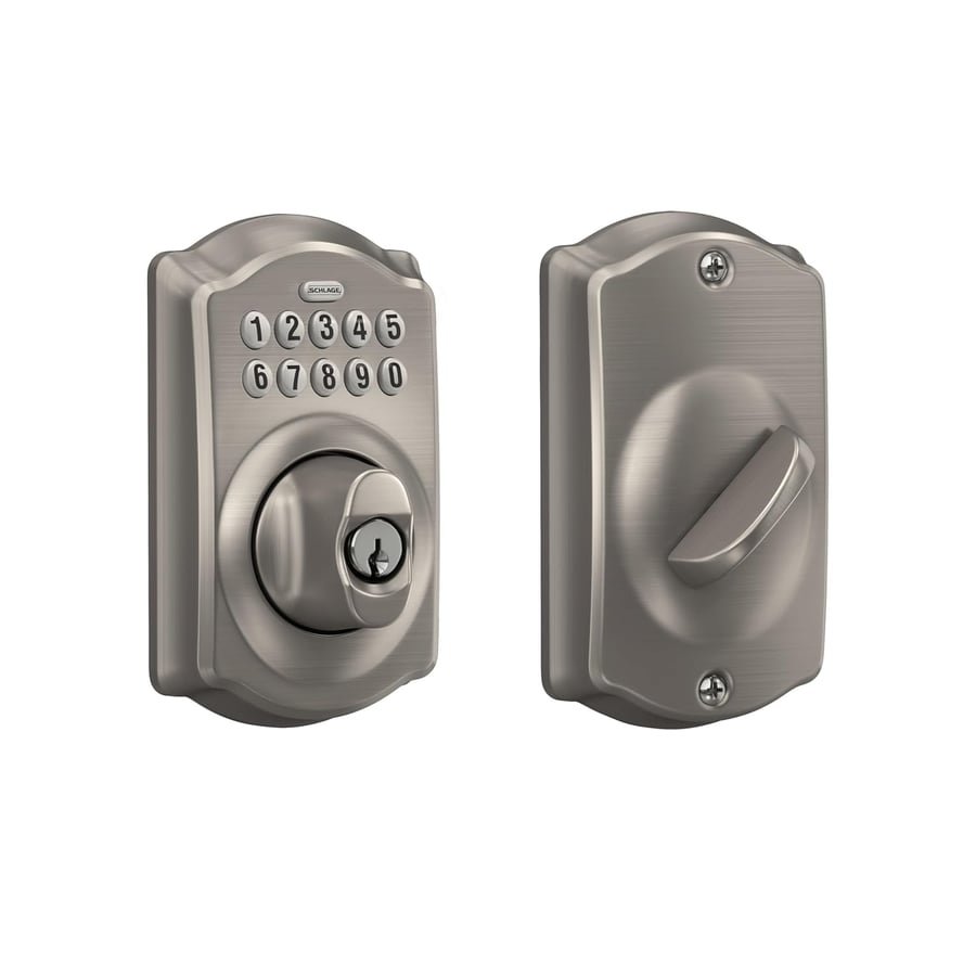 Schlage Electronic Keypad Deadbolt Lock, Camelot Trim, Satin Nickel | Keyless entry door lock, Push button keypad deadbolt, Key backup included, Certified security, Easy install, BE365