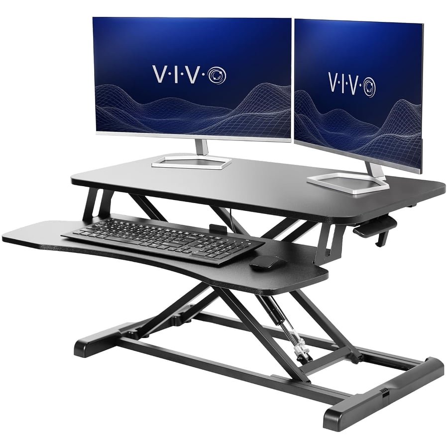 VIVO 32 inch Desk Converter, K Series, Height Adjustable Sit to Stand Riser, Dual Monitor and Laptop Workstation with Wide Keyboard Tray, Black, DESK-V000K | Height Adjustable, Stand Up Desk Riser, Wide Keyboard Tray, Dual Monitor and Laptop Workstation, K Series