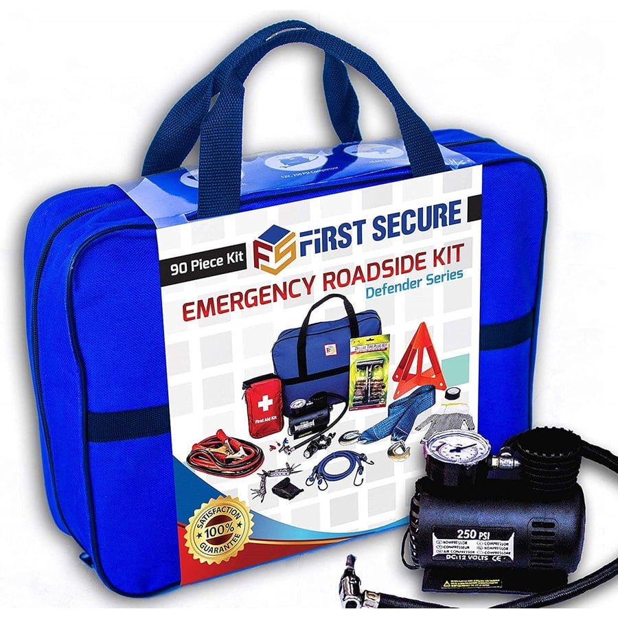 Car Emergency Kit with Air Compressor, Jumper Cables, First Aid, Tow Strap, Tire Gauge, Headlamp – Roadside Safety Kit for Women, Men, Teens