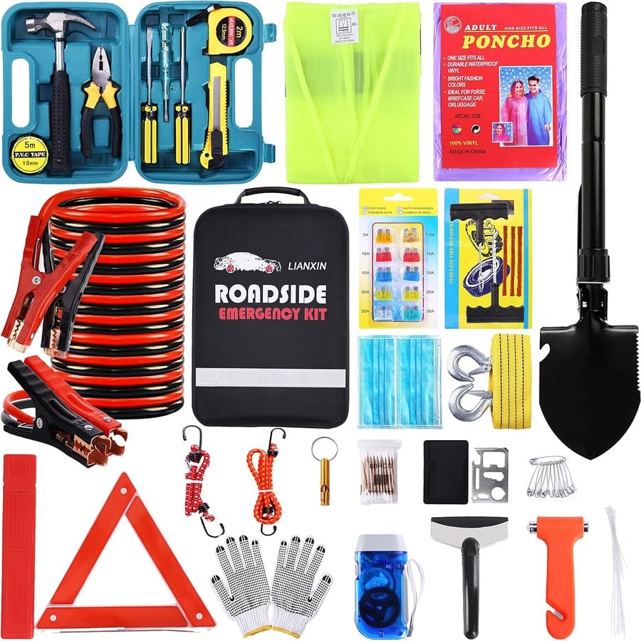 LIANXIN Roadside Emergency Car Kit, Safety Car Kit,with Jumper Cables Emergency kit | Emergency Roadside Kit for Car Warning Triangle,Folding Shovel, Safety Hammer, Tow Rope, Breakdowns fo Emergency Kit Car