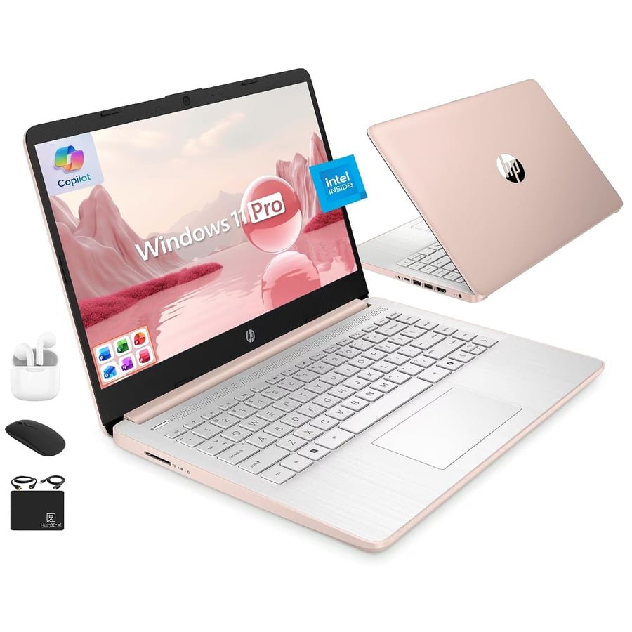 HP Ultrabook 14 Laptop Computer Business Study & Home 2025, Lifetime MS Office + Windows 11 Pro, Quad-Core Intel CPU, 8GB RAM & 628GB Storage (128GB UFS+500GB Ext), WiFi 6, HubxcelAccessory, Rose Gold
