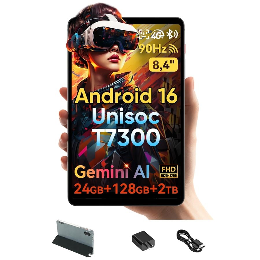 8.4" Android 16 Tablet with Gemini AI, Unisoc T7300 Octa-Core 24(8+16) GB RAM 128GB ROM 2TB TF, FHD 90Hz Portable BPad T1, 13MP Camera 4G LTE & Wi-Fi 6 & BT5.4 & GPS 5500mAh with Protective Case