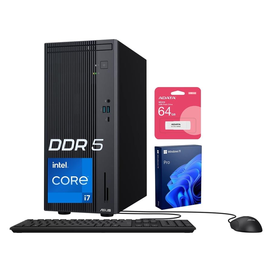 ASUS V500 Home & Business Tower Desktop, 10-core Intel Core i7-13620H Processor, 32GB DDR5 RAM, 1TB SSD, DisplayPort, Wi-Fi 6, Wired KB & Mouse, Win11 Pro, Bundle with ADATA 64GB USB Flash Drive Global Recycled Standard Global Recycled Standard Global Recycled Standard